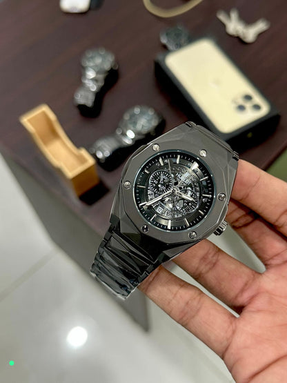 Hublot-Inspired Silver Chronograph Luxury Steel Watch