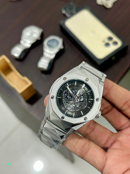 Hublot-Inspired Silver Chronograph Luxury Steel Watch