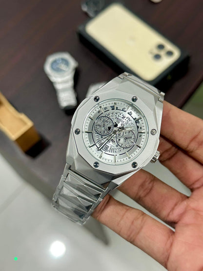 Hublot-Inspired Silver Chronograph Luxury Steel Watch