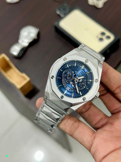 Hublot-Inspired Silver Chronograph Luxury Steel Watch