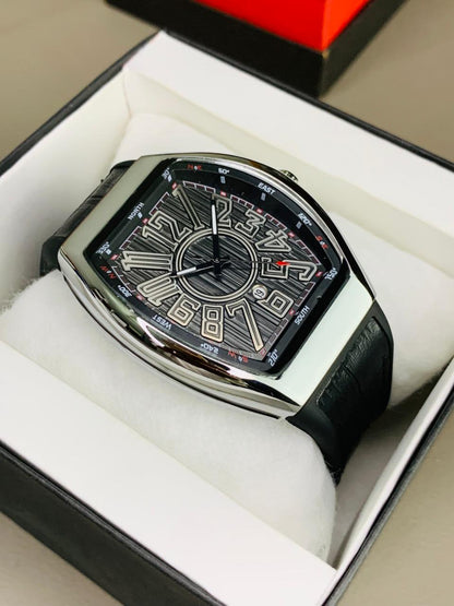 Franck Muller Vanguard Automatic Luxury Tonneau Watch – Brushed Steel & Bold Numeral Dial