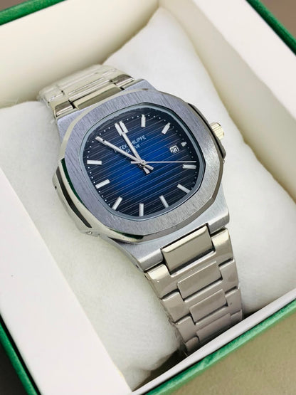 Patek Philippe Nautilus Luxury Automatic Sports Watch – Stainless Steel & Blue Ribbed Dial