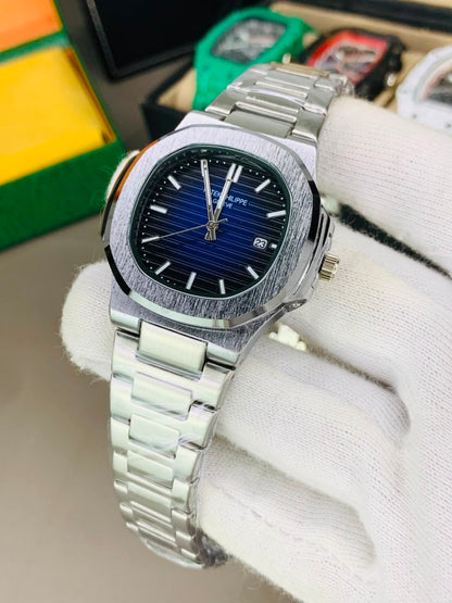Patek Philippe Nautilus Luxury Automatic Sports Watch – Stainless Steel & Blue Ribbed Dial