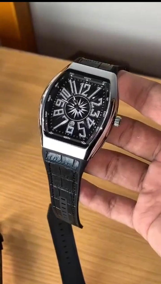 Franck Muller Vanguard Automatic Luxury Tonneau Watch – Brushed Steel & Bold Numeral Dial